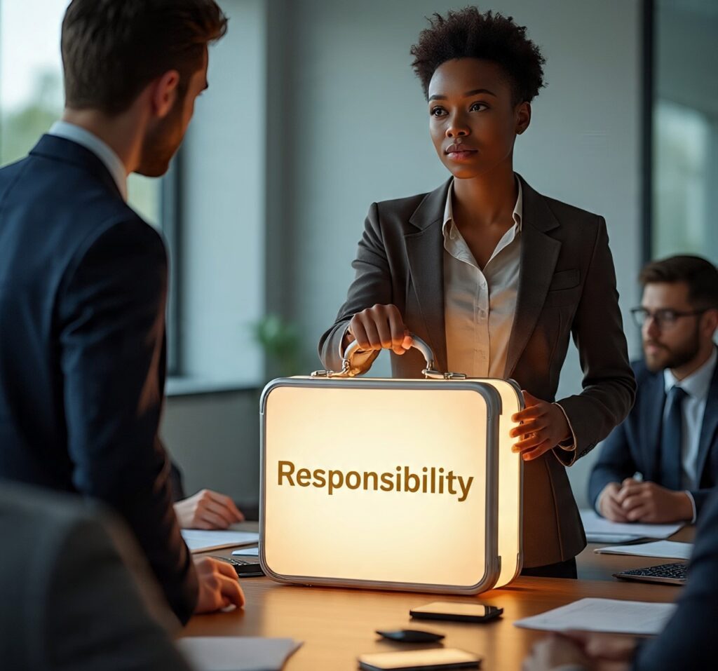 Person confidently stepping forward in a workplace setting, symbolizing ownership and initiative, inspired by Gilbert’s Law: Own the Outcome, Not the Excuse.