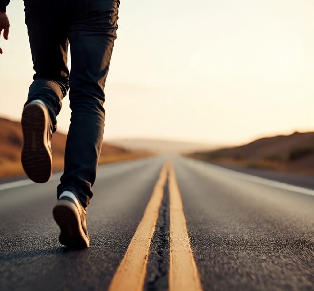 A person taking the first step on a path, symbolizing how small actions create momentum for personal growth, inspired by Newton’s First Law.