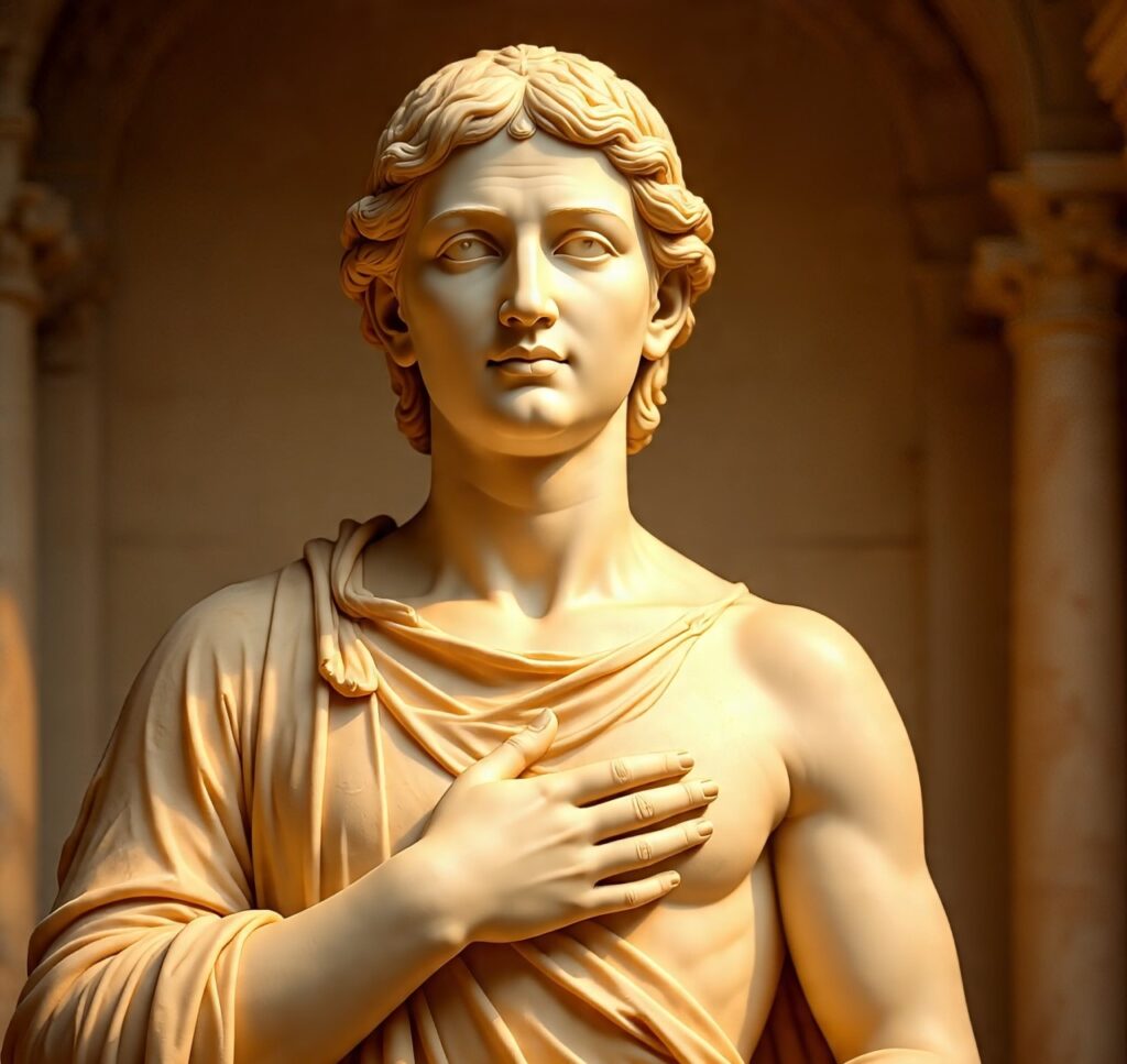 A Roman statue glowing with golden light, symbolizing the Stoic idea of living with integrity through actions rather than words.