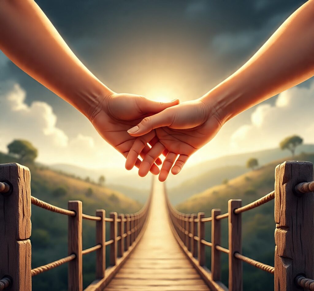 Two hands uniting across a bridge under sunlight, symbolizing love overcoming resentment.