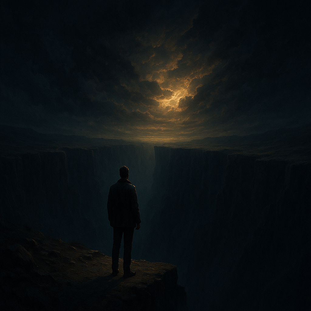 Person standing at the edge of a dark abyss with light breaking through the clouds, symbolizing hope over despair.