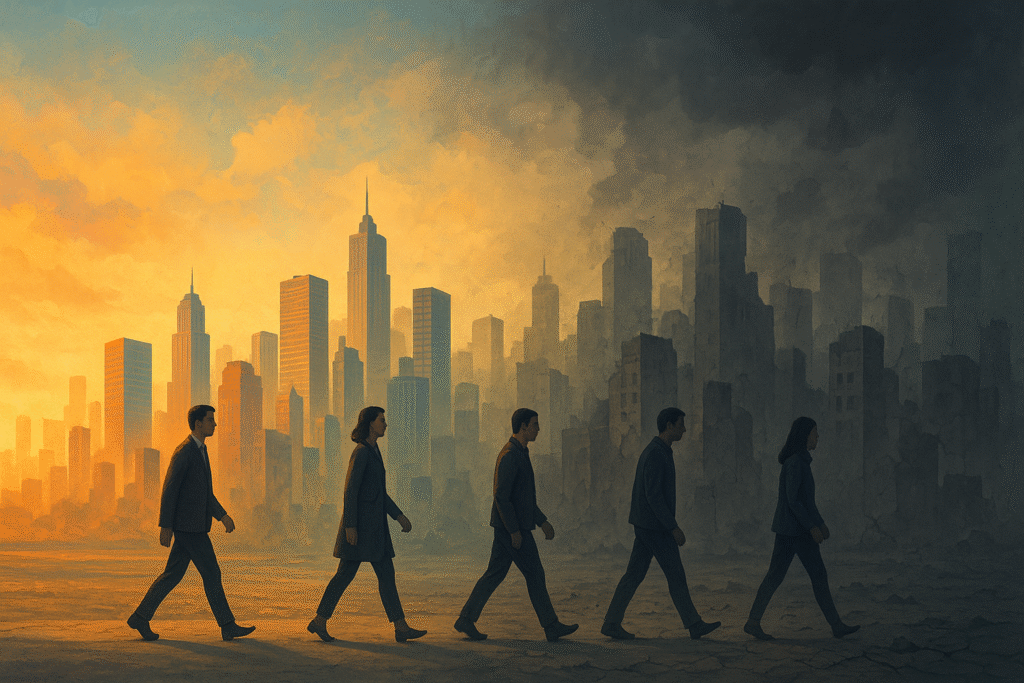 Illustration of creeping normality showing a city slowly fading from vibrant to decayed as people adapt without noticing.