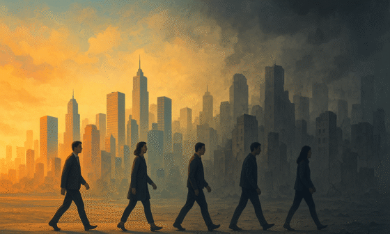 Illustration of creeping normality showing a city slowly fading from vibrant to decayed as people adapt without noticing.