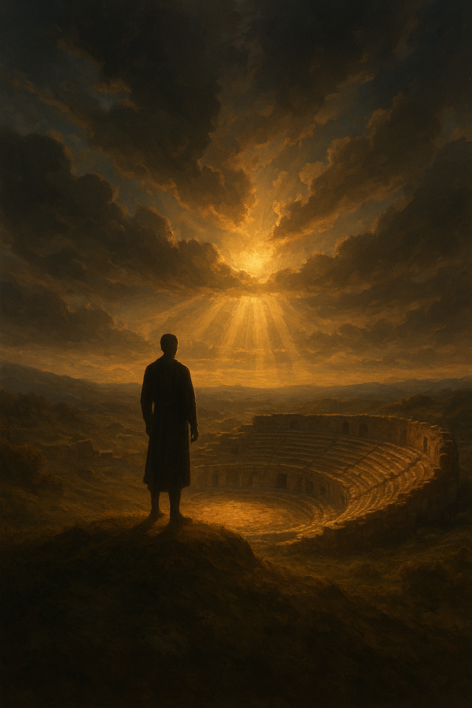 Person standing above ancient ruins with sunlight breaking through clouds, representing virtue, integrity, and the Stoic call to do good for its own sake.