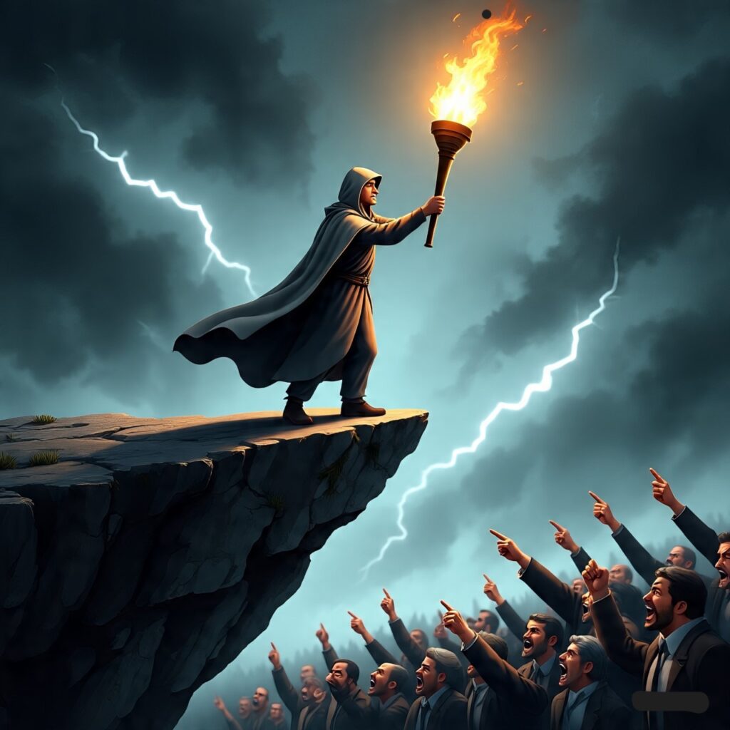A lone figure holding a torch on a cliff, standing firm against a dark storm and a hostile crowd—representing the courage to speak the truth even when hated for it.