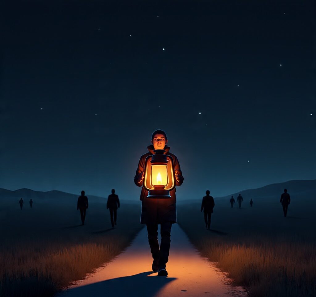 A symbolic illustration of a person holding a glowing lantern, lighting the way for others who walk ahead without acknowledging them representing selfless action without expecting gratitude.