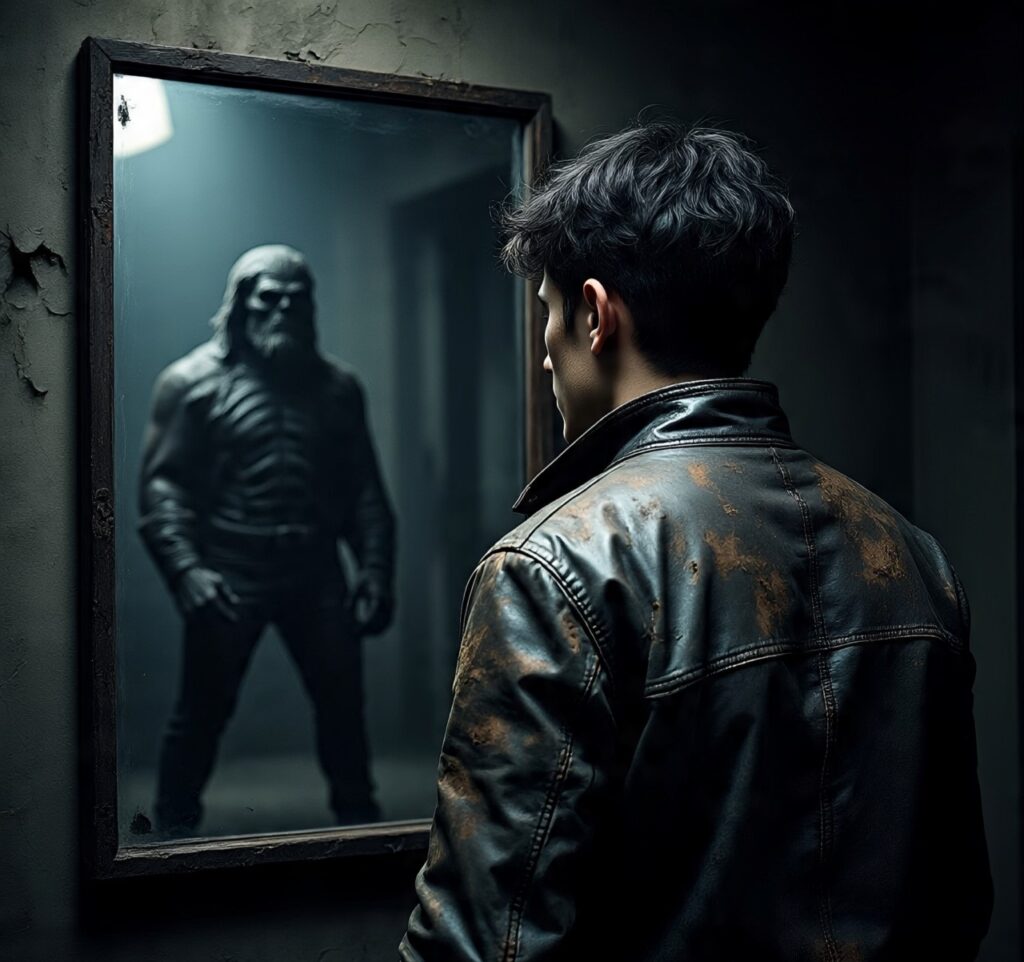 A figure facing a monstrous shadow in the mirror, representing Nietzsche’s warning about fighting monsters without becoming one.