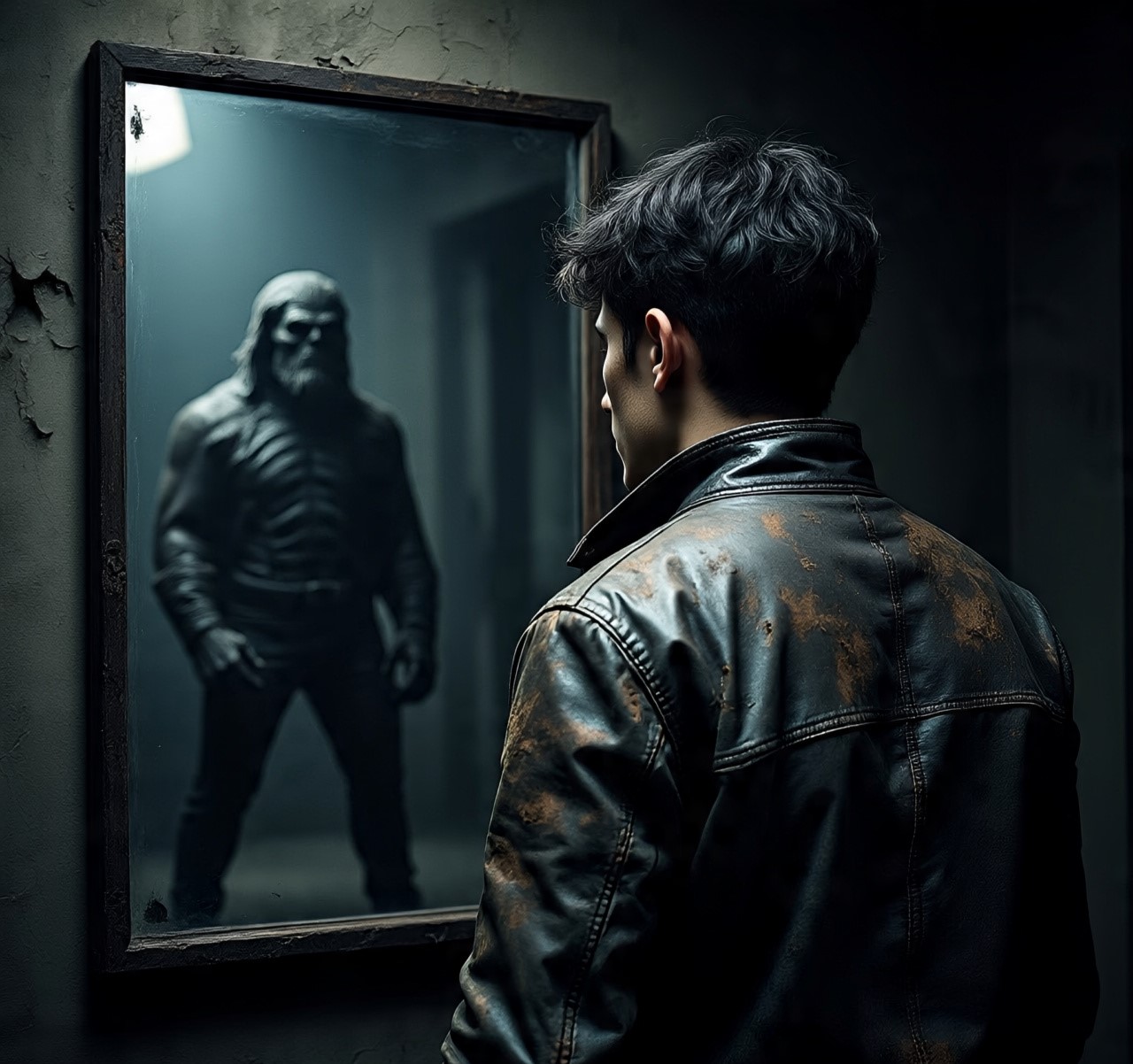 A figure facing a monstrous shadow in the mirror, representing Nietzsche’s warning about fighting monsters without becoming one.