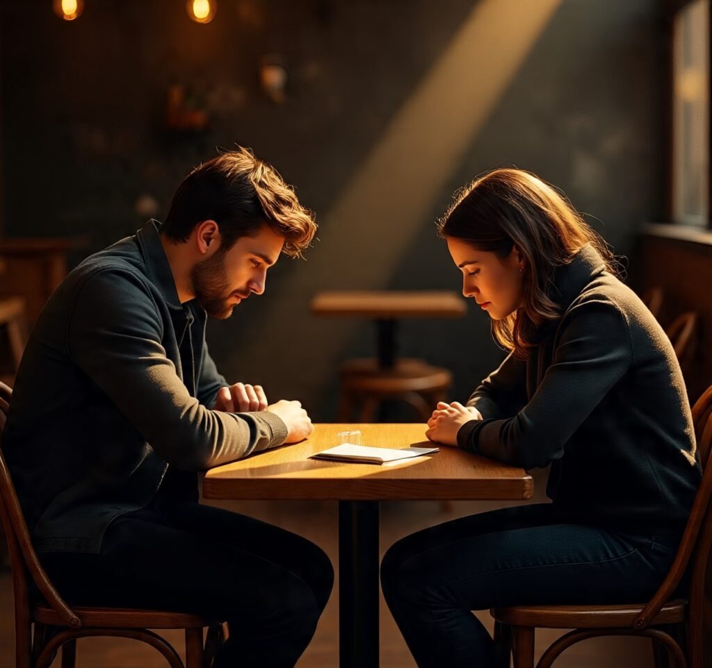 Two friends in deep conversation at a café, reflecting on conflict and choosing forgiveness.