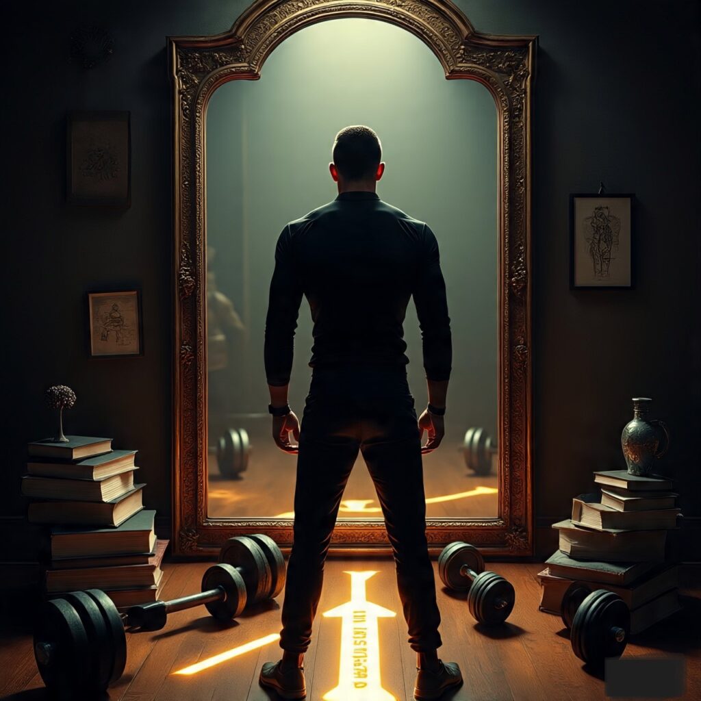 A person looking in the mirror at a stronger, disciplined version of themselves, symbolizing self-improvement and the importance of building strength while pursuing greater goals.