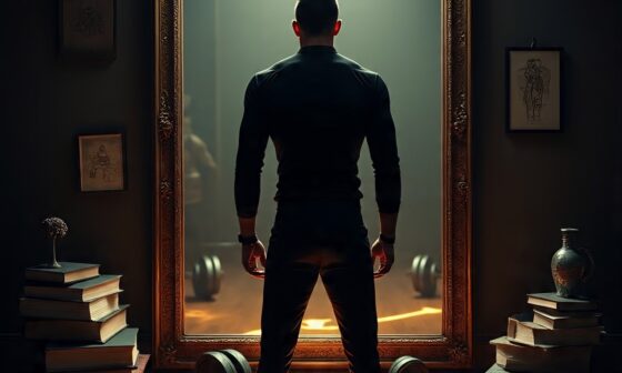 A person looking in the mirror at a stronger, disciplined version of themselves, symbolizing self-improvement and the importance of building strength while pursuing greater goals.