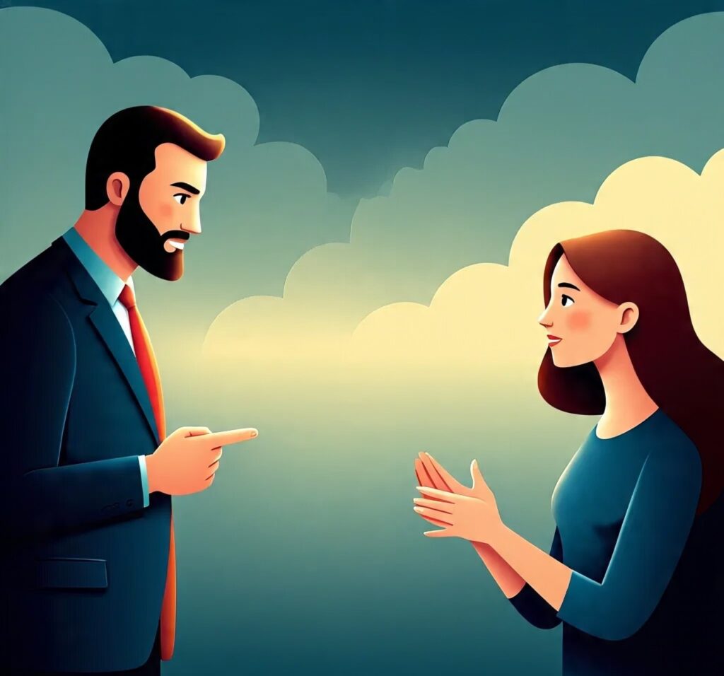 Two people saying the same words, one harsh and one kind, showing how tone and body language change communication.