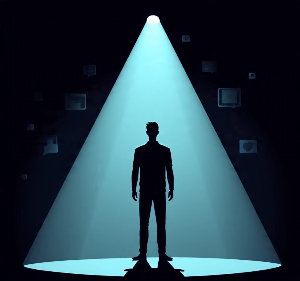 A person under a spotlight acting as the “main character” while others fade into the background, symbolizing Main Character Syndrome and self-obsession.