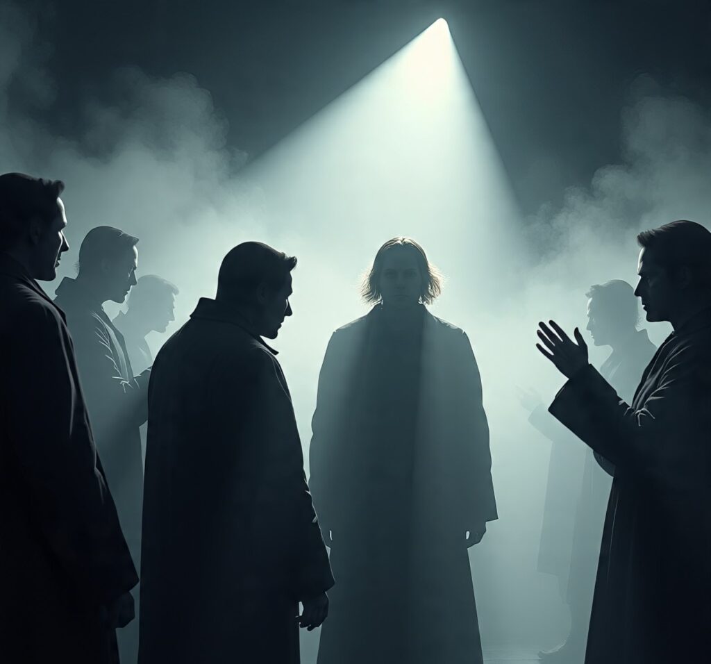 Illustration of a person surrounded by vague, shadowy whispers in a foggy space, with a clear beam of light symbolizing honesty and clarity in communication.