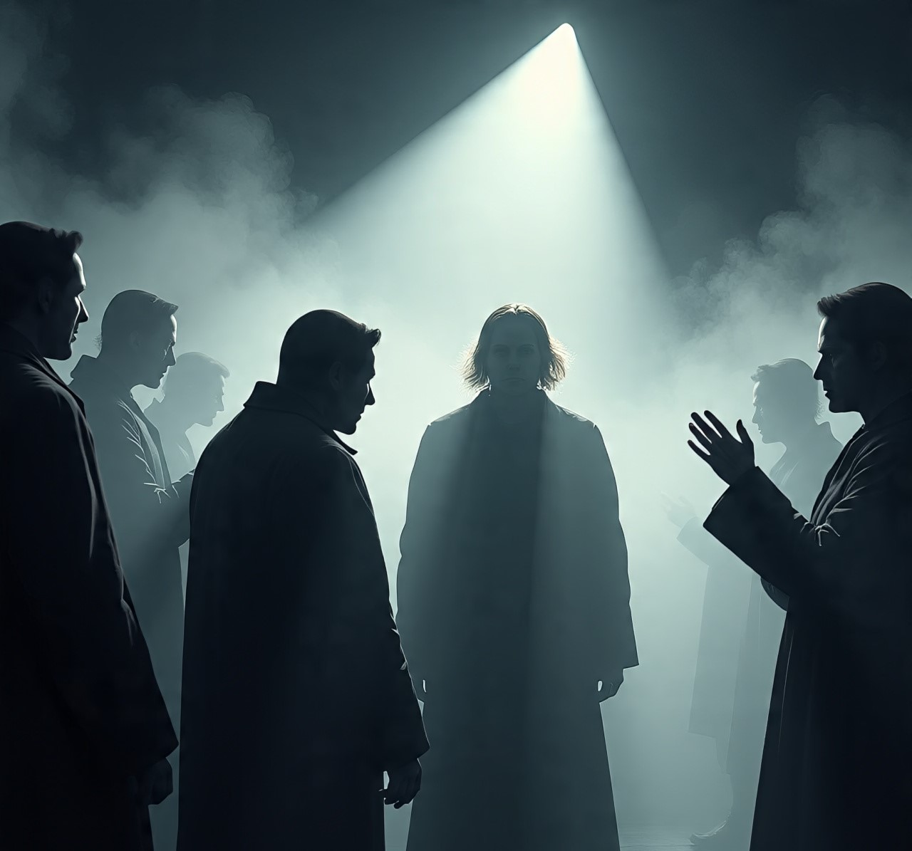Illustration of a person surrounded by vague, shadowy whispers in a foggy space, with a clear beam of light symbolizing honesty and clarity in communication.