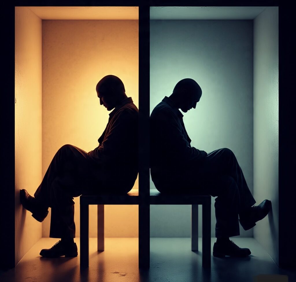 Illustration of the Prisoner’s Dilemma showing two prisoners divided by trust and betrayal.