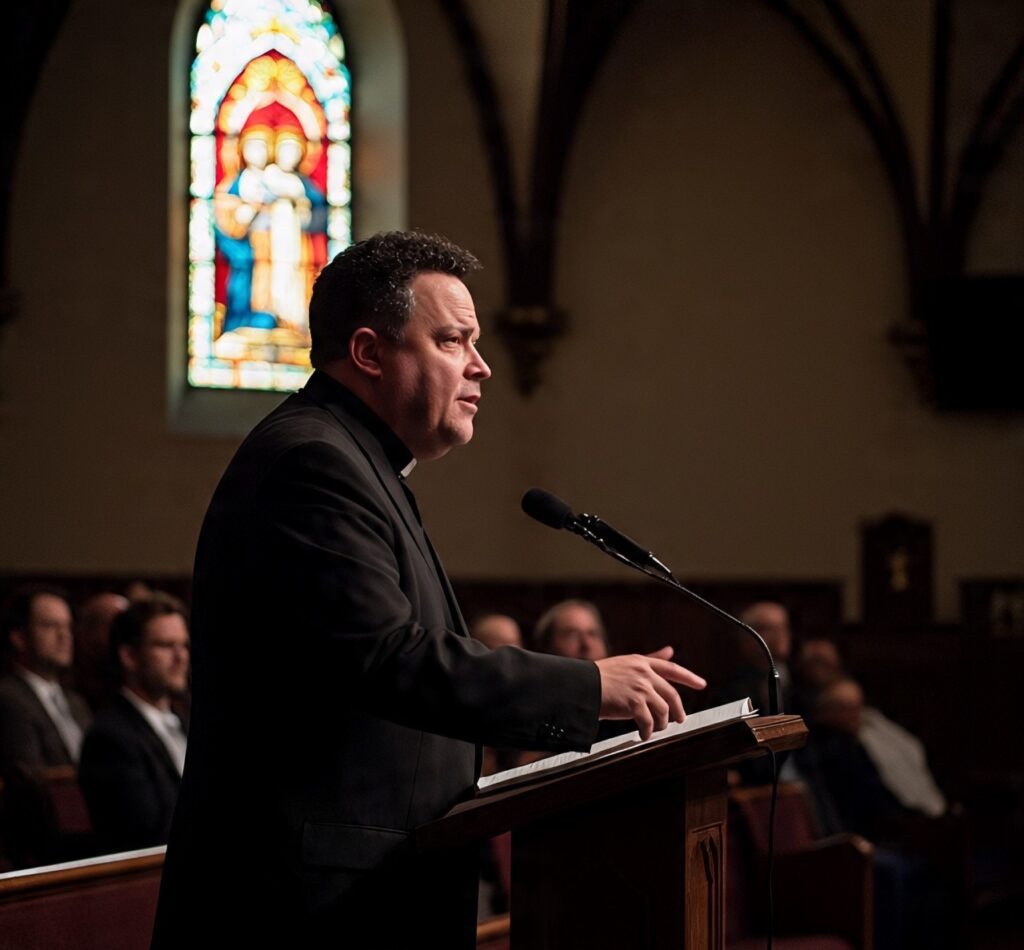 A picture of a Preacher teaching: For we all stumble in many ways. And if anyone does not stumble in what he says, he is a perfect man, able also to bridle his whole body. - James 3:2 (ESV)
