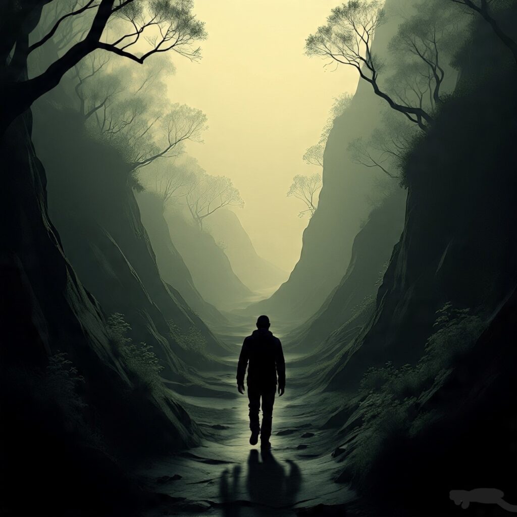 An abstract image of a person walking through a dark valley into light, symbolizing resilience, growth, and strength forged through challenges.