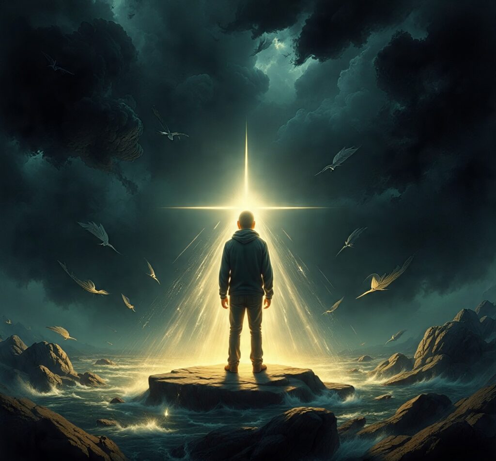 A figure glowing with light in a dark, stormy world, representing the power of grace, love, and faith to resist hate and cynicism.