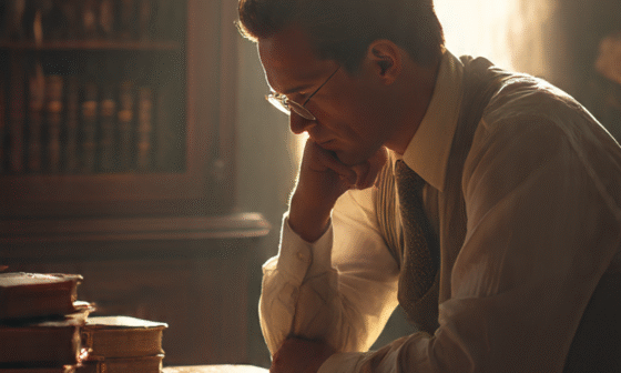 A reflective leader reading by sunlight with open books and a Bible, symbolizing wisdom and preparation through study.