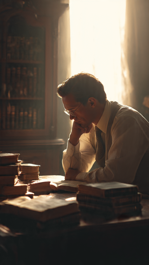 A reflective leader reading by sunlight with open books and a Bible, symbolizing wisdom and preparation through study.