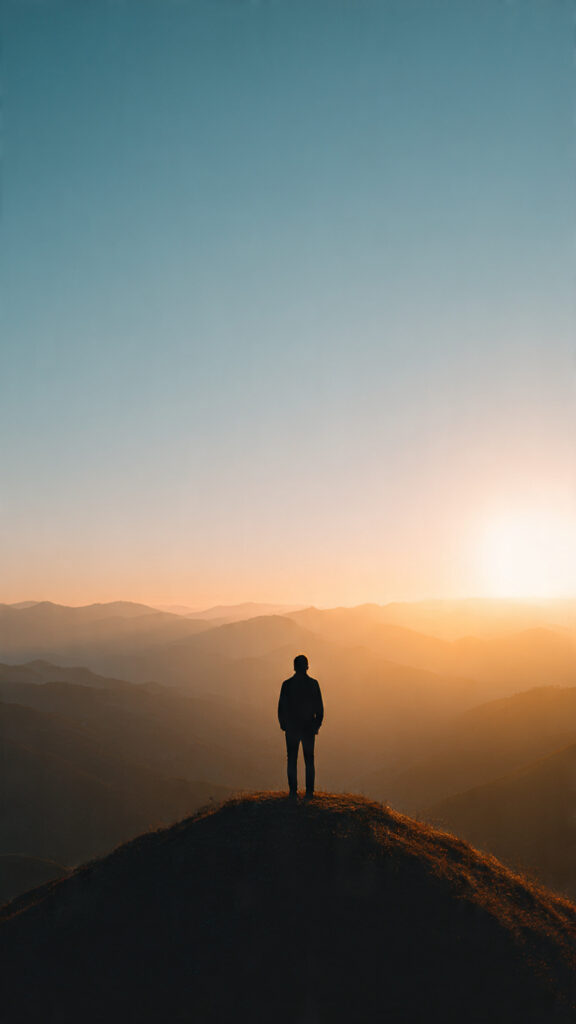 A peaceful person standing on a mountain at sunrise, symbolizing Stoic awareness, calm readiness, and tranquility in uncertain times.