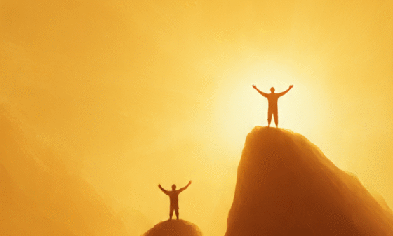 Two people on separate mountain peaks reaching toward the sunrise, symbolizing growth, collaboration, and abundance in life instead of competition.