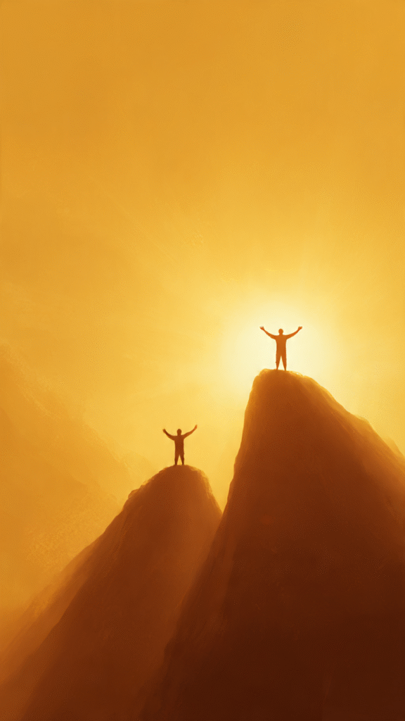 Two people on separate mountain peaks reaching toward the sunrise, symbolizing growth, collaboration, and abundance in life instead of competition.