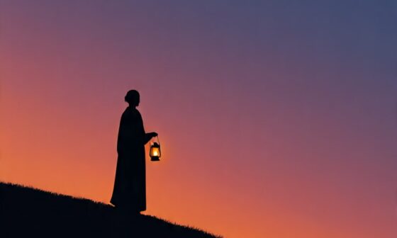 A lone person holding a glowing lantern at sunrise, symbolizing personal duty, virtue, and moral responsibility in both Stoic and Christian life.