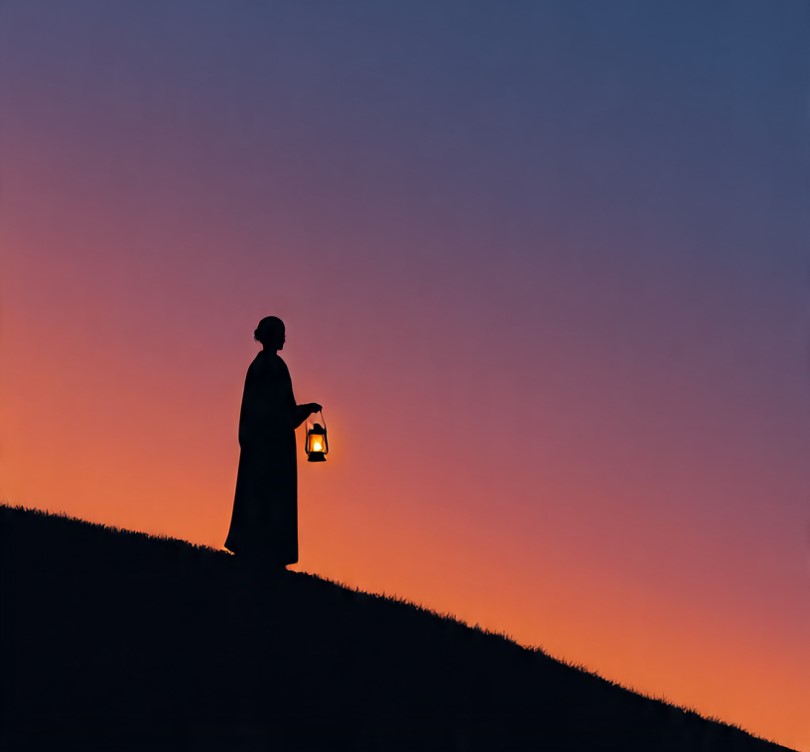 A lone person holding a glowing lantern at sunrise, symbolizing personal duty, virtue, and moral responsibility in both Stoic and Christian life.