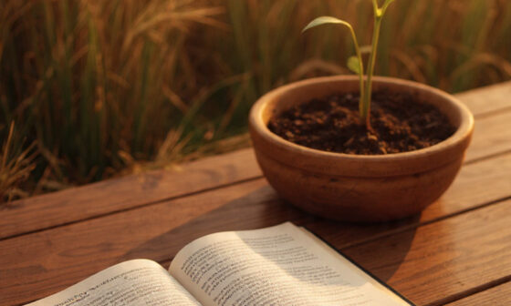An open Bible and a sprouting plant in soft sunlight, representing humility, responsibility, and the promise of reaping what we sow from Galatians 6:3–10.