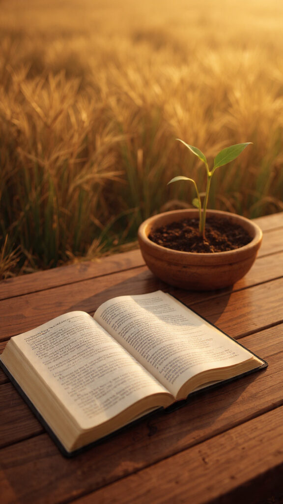 An open Bible and a sprouting plant in soft sunlight, representing humility, responsibility, and the promise of reaping what we sow from Galatians 6:3–10.