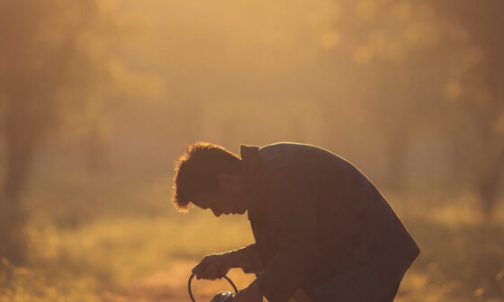 A person nurturing small plants in the morning light, symbolizing faithfulness and integrity in small things based on Luke 16:10