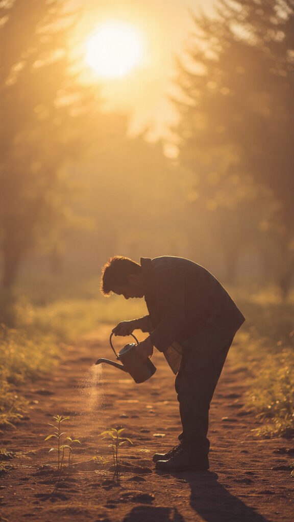 A person nurturing small plants in the morning light, symbolizing faithfulness and integrity in small things based on Luke 16:10