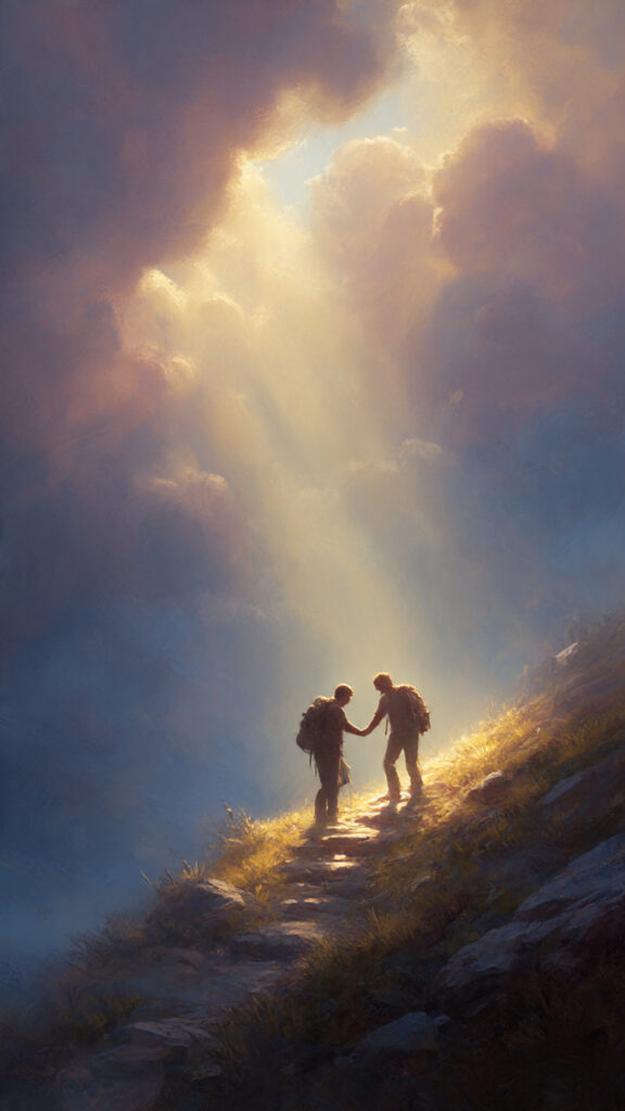 A person receiving help while climbing a mountain, symbolizing gratitude, support, and the importance of accepting help in life.