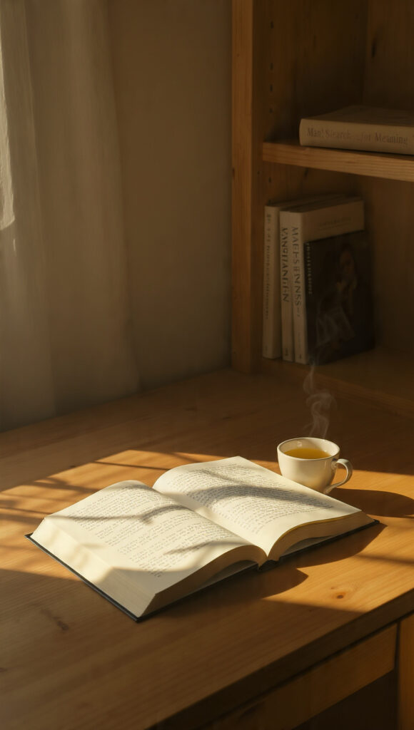 Open book and cup of tea on a wooden desk under warm light, representing the idea of mindful and meaningful reading.