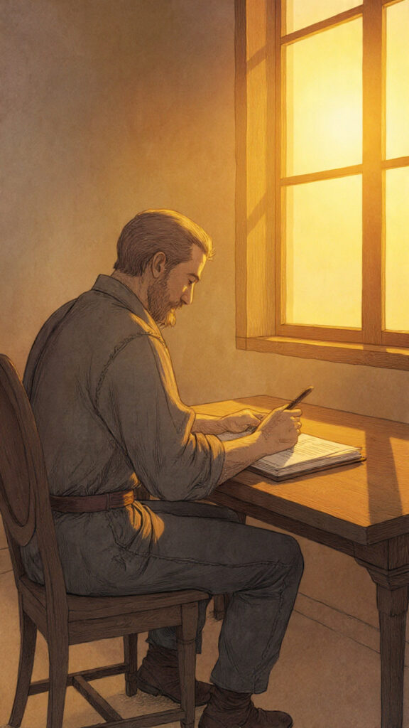 A person journaling by a window at sunrise, symbolizing intentional learning, self-growth, and reflection in a calm and inspiring morning setting.