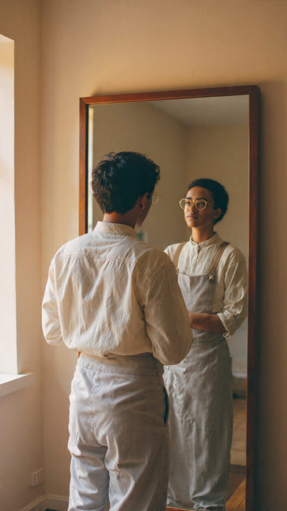 A person gazing thoughtfully into a mirror with soft light reflecting their face, symbolizing how words reveal the heart and the pursuit of inner integrity inspired by Matthew 12:33–35.