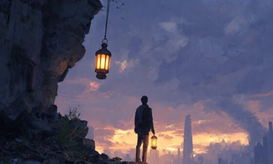 A person holding a lantern amidst a dark, decaying city — representing moral courage and integrity in a corrupt world.