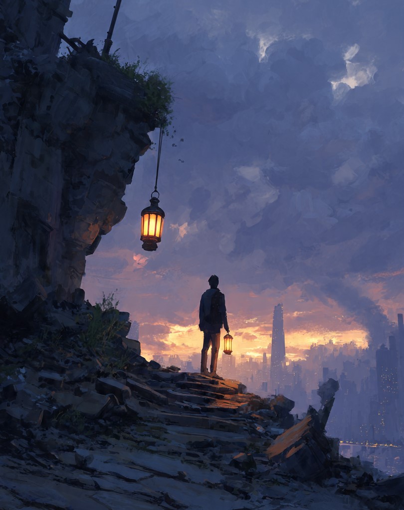 A person holding a lantern amidst a dark, decaying city — representing moral courage and integrity in a corrupt world.