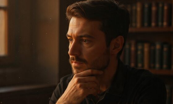 A reflective person sitting in a dimly lit study, surrounded by open books, deep in thought — symbolizing the courage to think freely and confront uncomfortable truths.