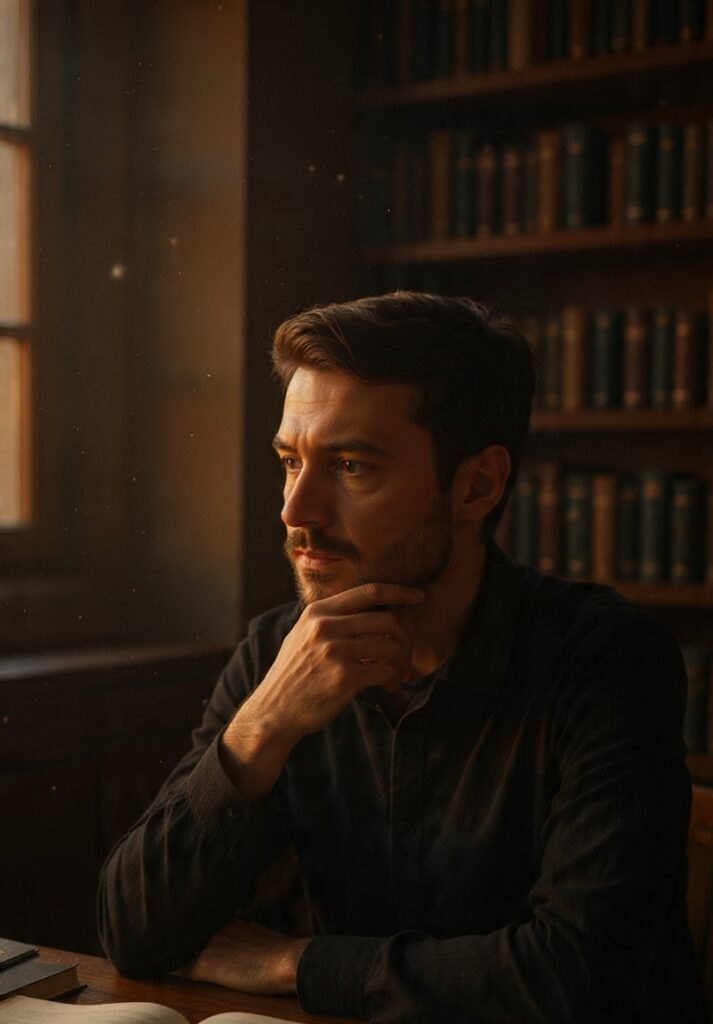 A reflective person sitting in a dimly lit study, surrounded by open books, deep in thought — symbolizing the courage to think freely and confront uncomfortable truths.