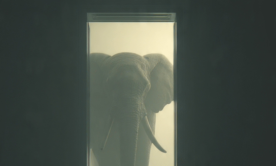 A person facing a shadowy elephant in a quiet room, symbolizing the courage to confront difficult truths and emotional burdens.
