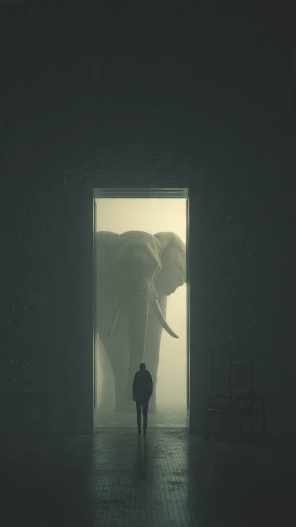 A person facing a shadowy elephant in a quiet room, symbolizing the courage to confront difficult truths and emotional burdens.