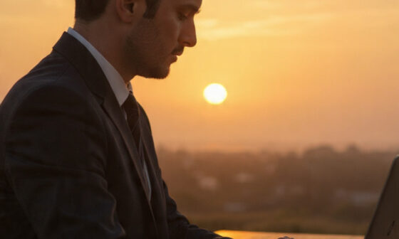 A reflective professional sitting at a desk at sunrise, thoughtfully planning their next move, representing the Law of Effective Action and the balance between efficiency and purpose.