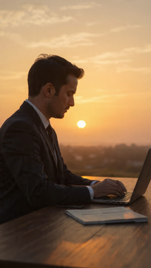 A reflective professional sitting at a desk at sunrise, thoughtfully planning their next move, representing the Law of Effective Action and the balance between efficiency and purpose.
