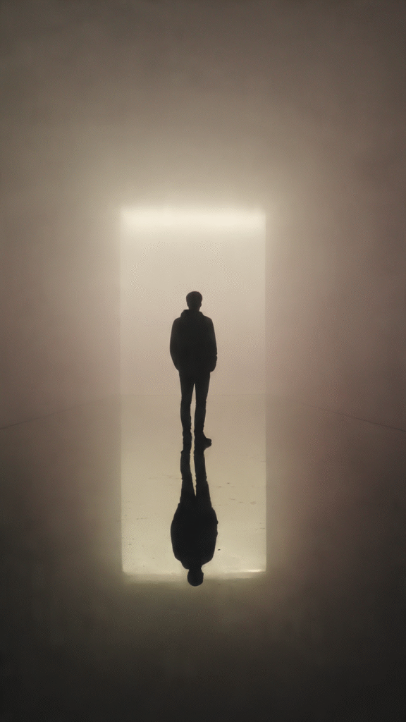 A person standing before a foggy mirror that clears to reveal a calm reflection, symbolizing humility, self-awareness, and clarity beyond ego.