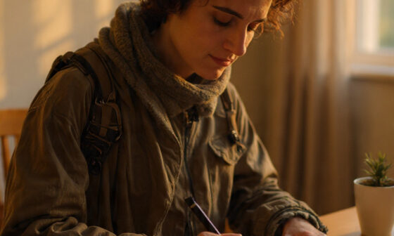Person writing goals in a notebook under morning light, representing focus and intentional living.