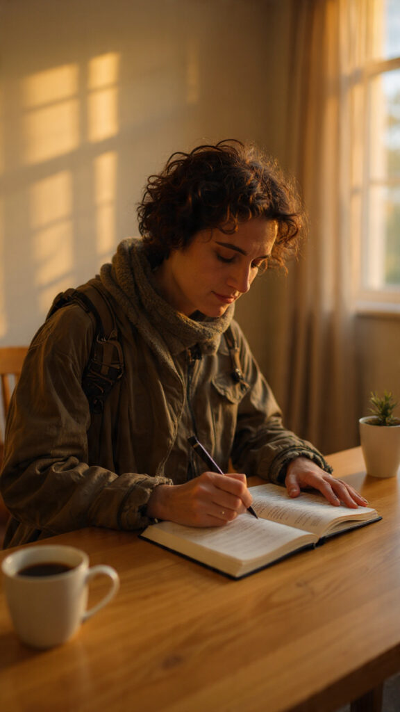 Person writing goals in a notebook under morning light, representing focus and intentional living.