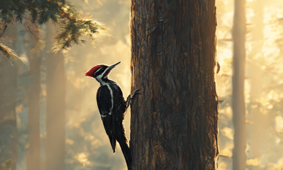A woodpecker pecking persistently on one tree in a serene sunrise forest, symbolizing focus, patience, and the Law of Mastery.